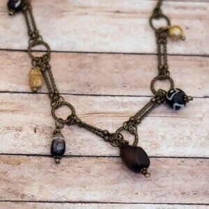 30 inch, Vintage Stone & Wooden Beads Elegant Silver Tone Necklace - X24